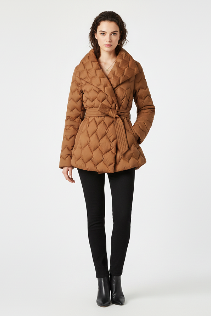 Women’s caramel down coat by THE WHITMORE FAMILY featuring a belted waist and deep front pockets, perfect for cold weather.