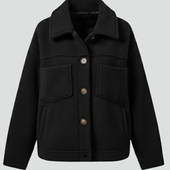 Women’s black fleece jacket by THE WHITMORE FAMILY featuring buttons and large pockets, casual and cozy outerwear for women.
