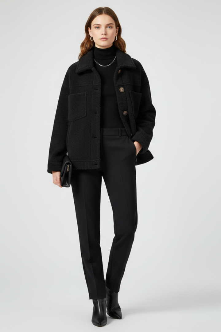 Black women’s fleece jacket by THE WHITMORE FAMILY with buttons and large front pockets, cozy and casual outerwear for women.