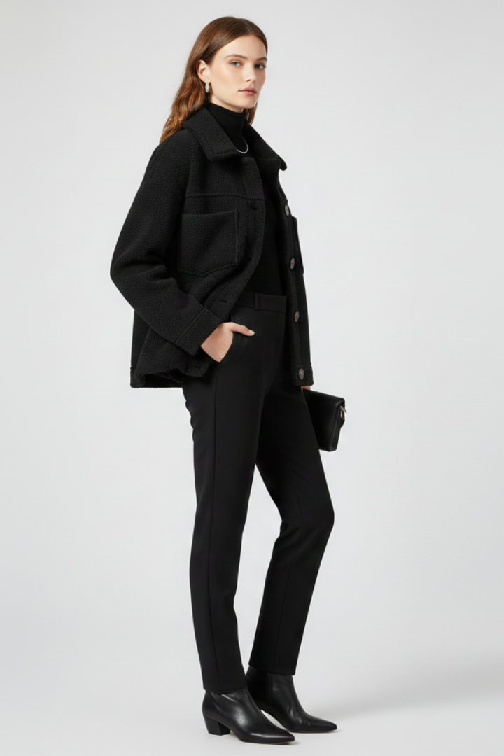 Black women’s fleece jacket by THE WHITMORE FAMILY with button closure and large front pockets, perfect for casual wear.