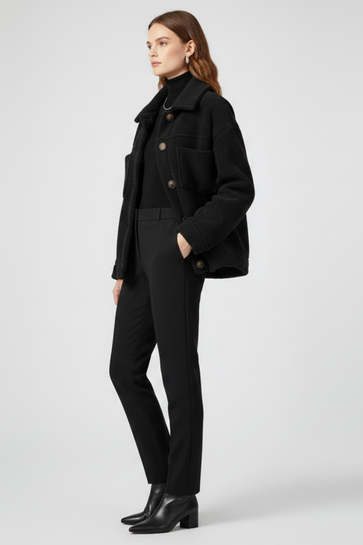 Black women’s fleece jacket by THE WHITMORE FAMILY with button closure and large front pockets, cozy and casual outerwear.