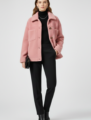 Black women’s fleece jacket by THE WHITMORE FAMILY with button closures and large front pockets, cozy and stylish outerwear.
