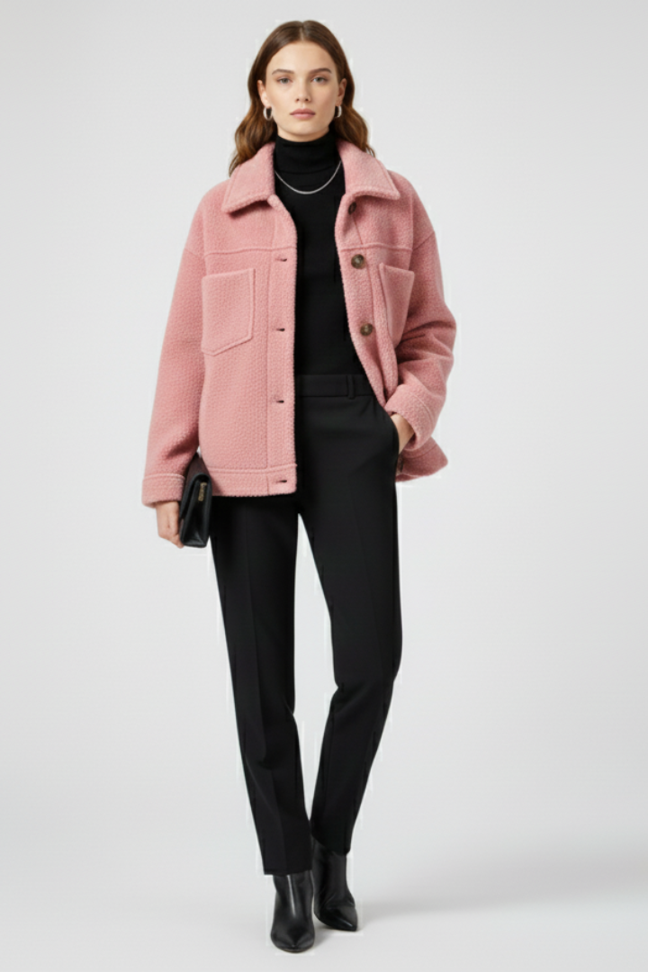 Black women’s fleece jacket by THE WHITMORE FAMILY with button closures and large front pockets, cozy and stylish outerwear.