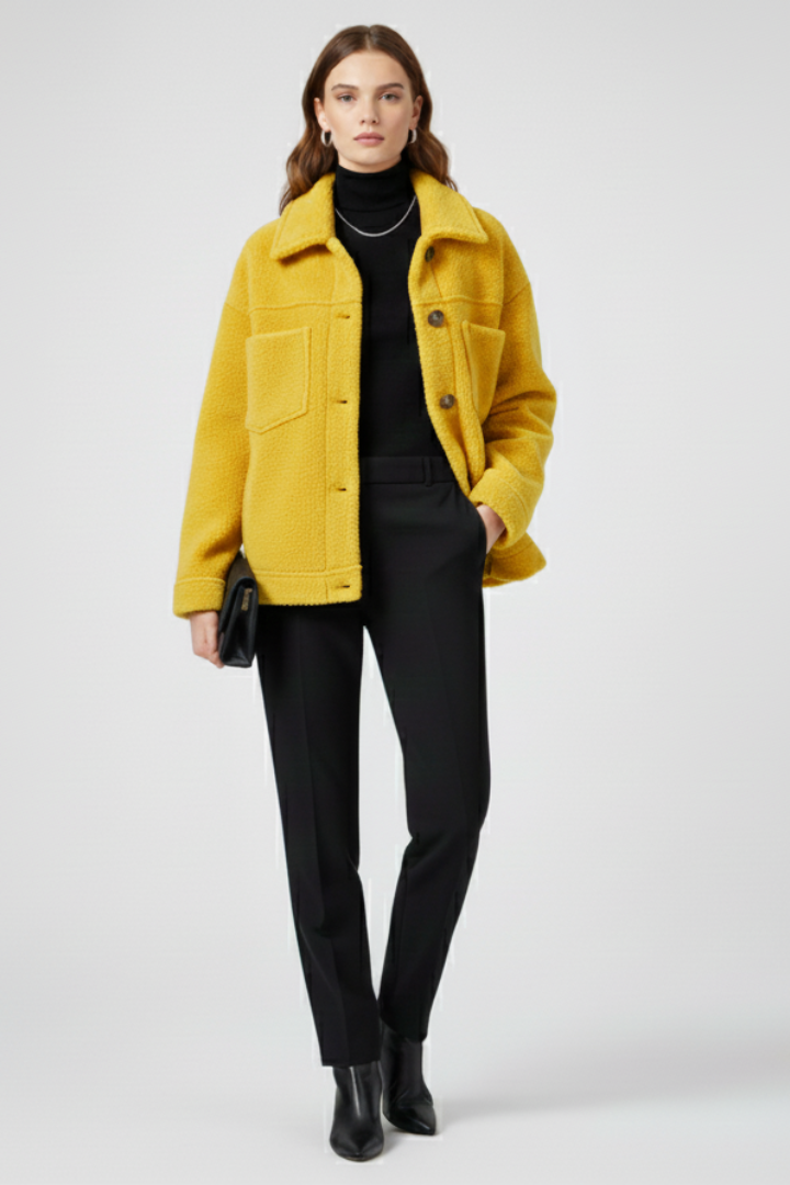 Women’s black fleece jacket by THE WHITMORE FAMILY featuring button closures and spacious pockets, shown on a model.