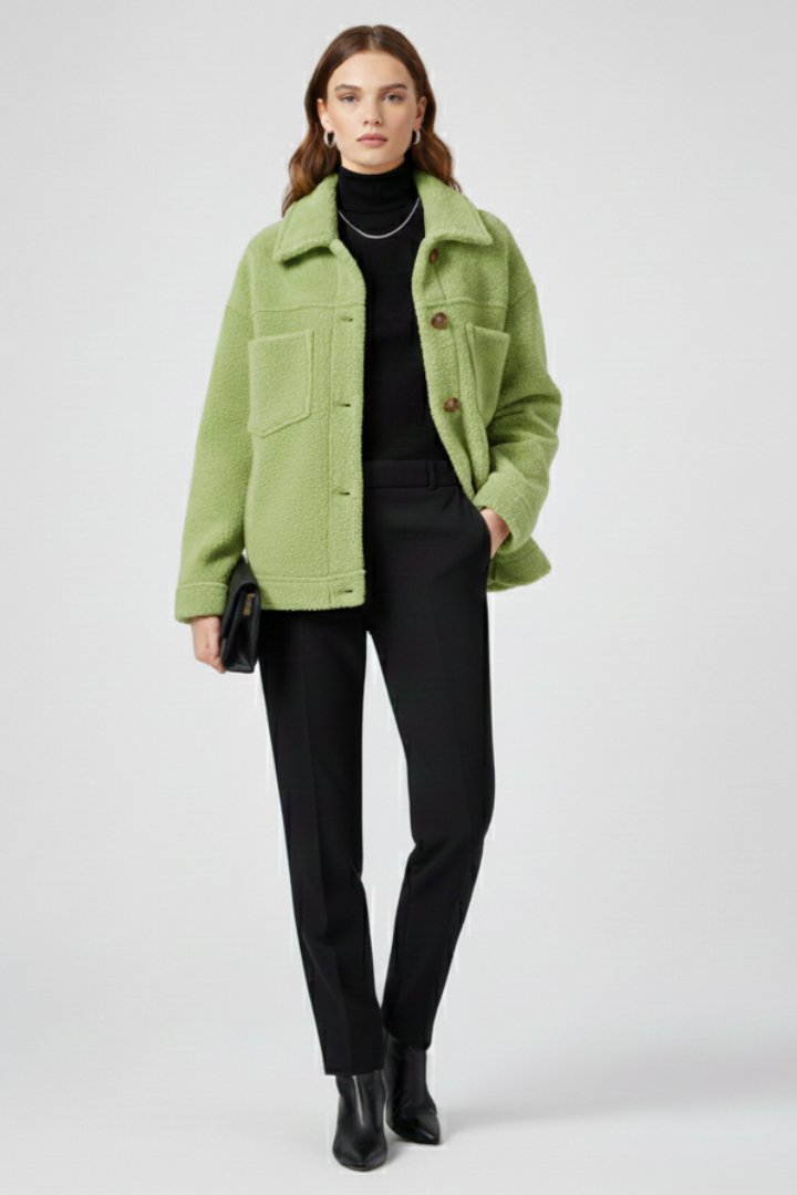 Women’s black fleece jacket by THE WHITMORE FAMILY featuring buttons and large pockets, ideal for casual wear and warmth.