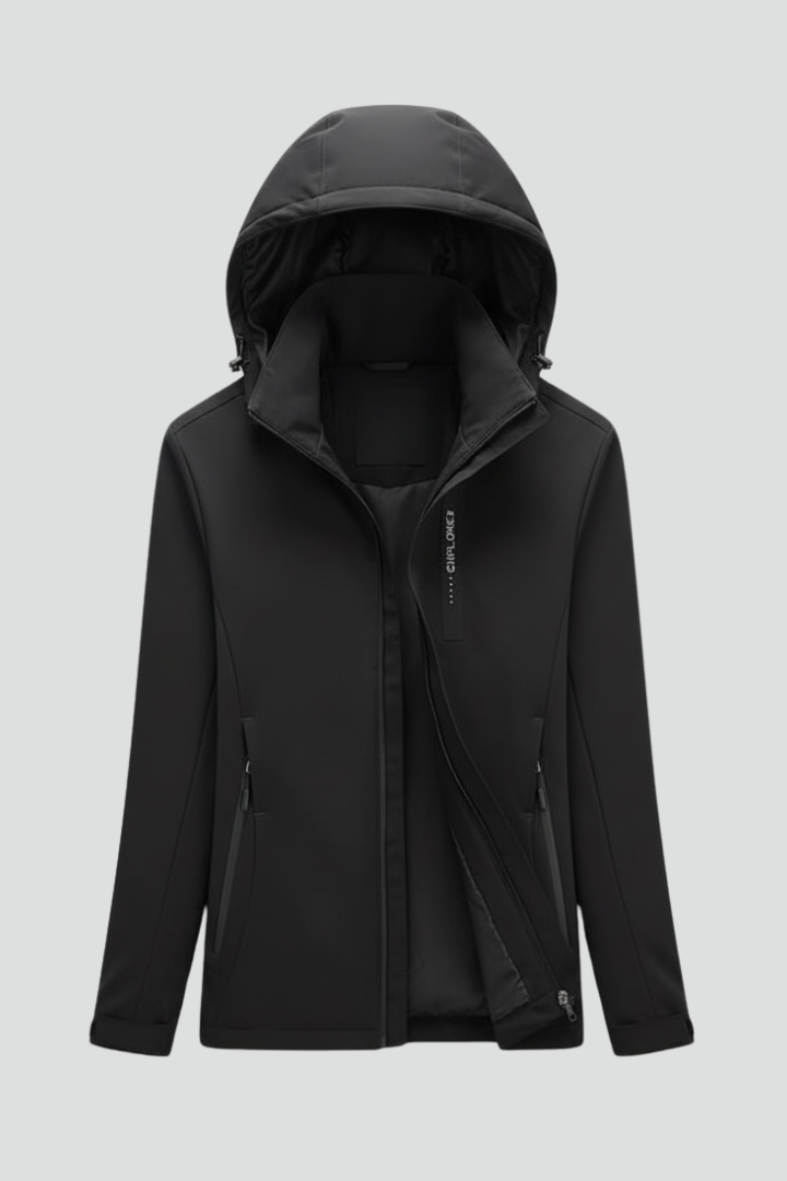 Women’s hooded jacket with zipper by THE WHITMORE FAMILY, featuring a cozy hood and front zipper closure in a casual outdoor style.