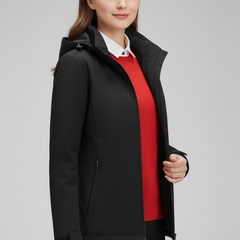 Women’s hooded jacket with zipper from THE WHITMORE FAMILY, featuring a stylish hood and front zipper closure.