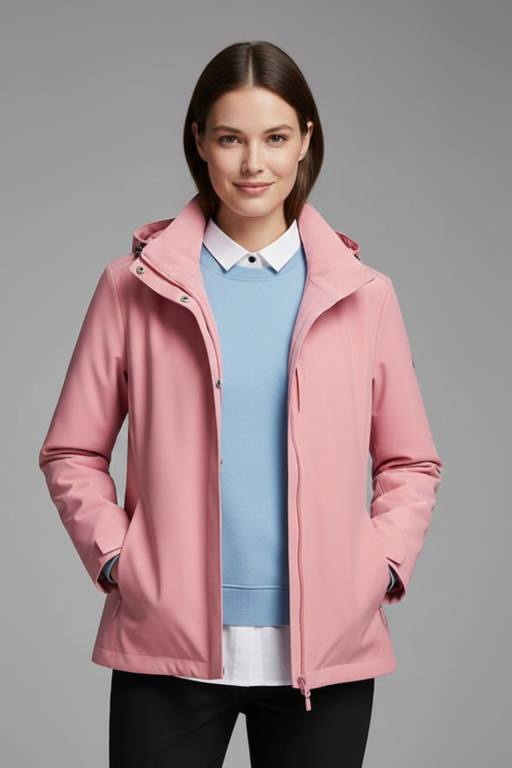 Women’s hooded jacket with zipper from THE WHITMORE FAMILY, featuring a comfortable fit and stylish design in the image.
