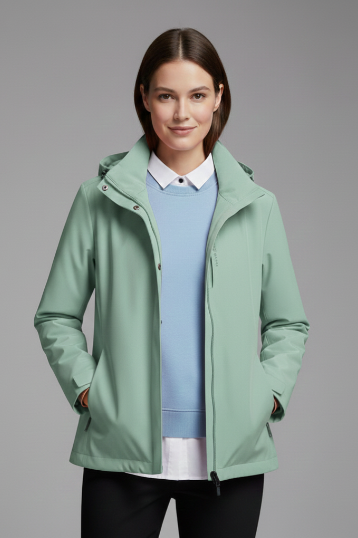 Women’s hooded jacket with zipper from THE WHITMORE FAMILY, featuring a stylish hood, front zipper, and comfortable fit.