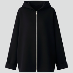 Women’s hooded jacket with zip closure and front pockets, stylish and versatile outerwear by THE WHITMORE FAMILY.