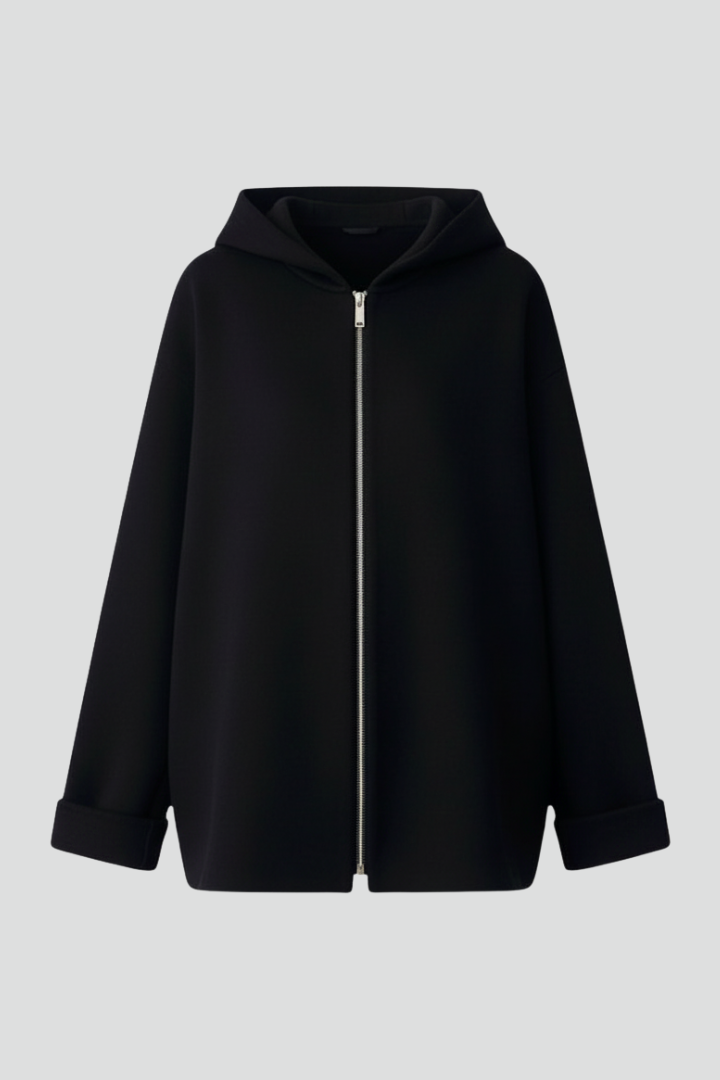 Women’s hooded jacket with zip closure and front pockets, stylish and versatile outerwear by THE WHITMORE FAMILY.