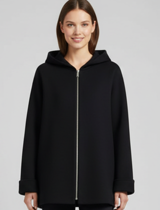 Women’s hooded jacket with zip closure and front pockets, stylishly designed by THE WHITMORE FAMILY for women.