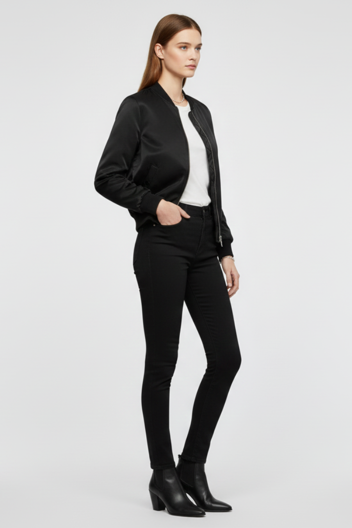 Black women’s bomber jacket by THE WHITMORE FAMILY with zipper closure and ribbed details, shown on a model.