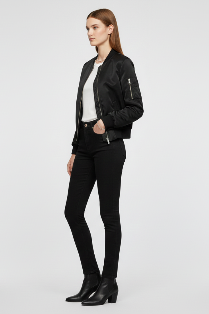 Women's black bomber jacket by THE WHITMORE FAMILY featuring zipper closure and ribbed details, shown on a model.