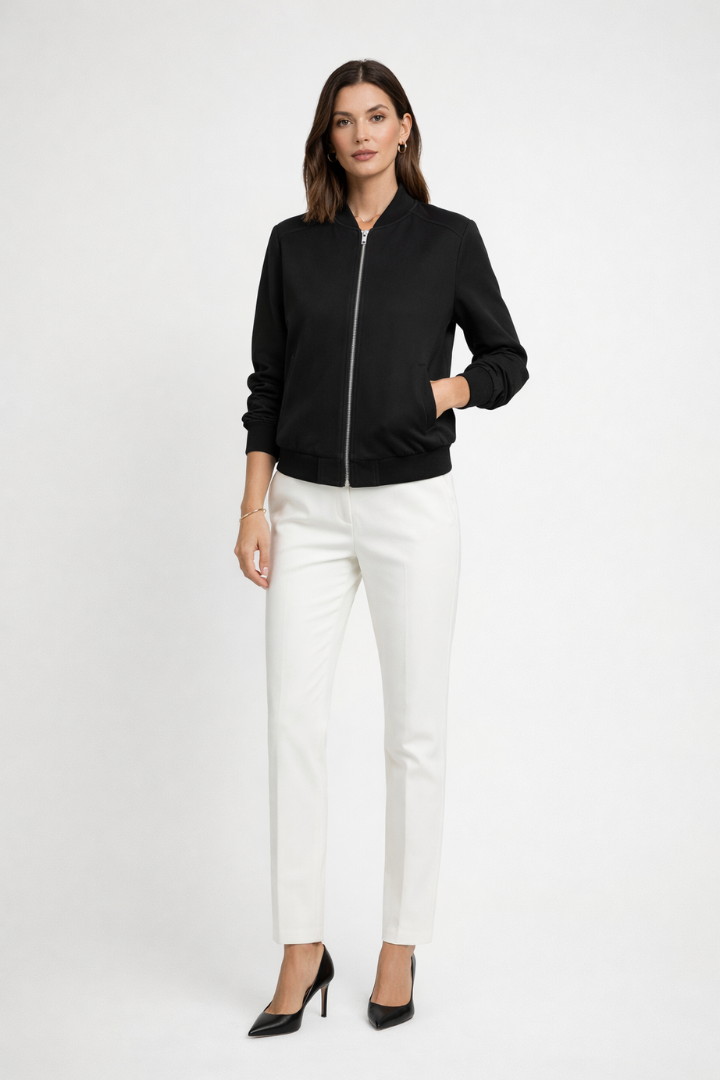 Women's black bomber jacket by THE WHITMORE FAMILY with zip closure and ribbed edges, shown on a model.