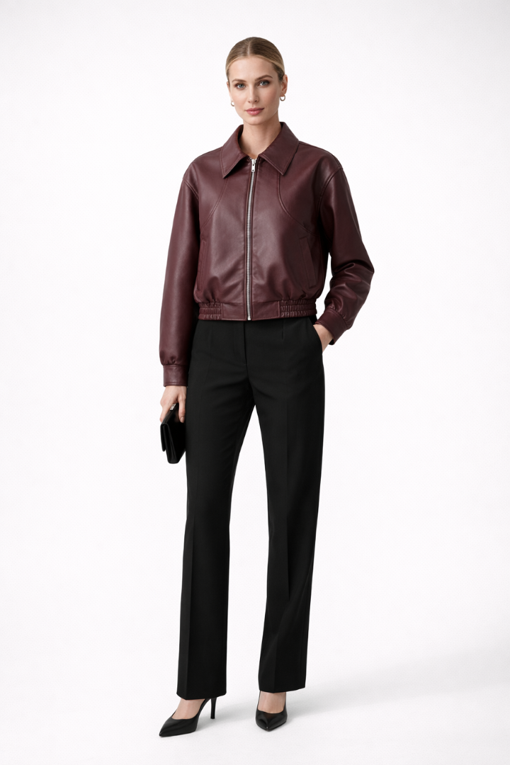 Women’s burgundy bomber jacket by THE WHITMORE FAMILY with zip closure and elasticated hem, stylish women's jacket for casual wear.