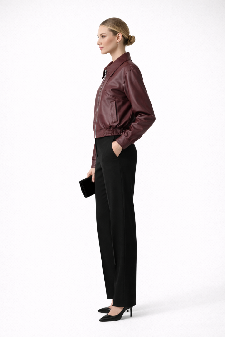 Women’s burgundy bomber jacket by THE WHITMORE FAMILY with zip closure and elasticated hem, lightweight and stylish women's jacket.