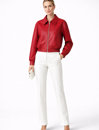 Women's burgundy bomber jacket by THE WHITMORE FAMILY with zip closure and elasticated hem, casual outerwear for women.