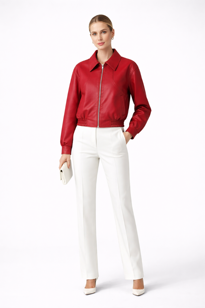 Women's burgundy bomber jacket by THE WHITMORE FAMILY with zip closure and elasticated hem, casual outerwear for women.