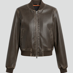 Women’s bomber jacket by THE WHITMORE FAMILY featuring a collared neck and woven outer surface, in a stylish coffee color.