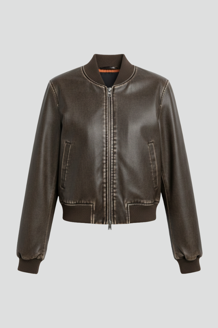 Women’s bomber jacket by THE WHITMORE FAMILY featuring a collared neck and woven outer surface, in a stylish coffee color.