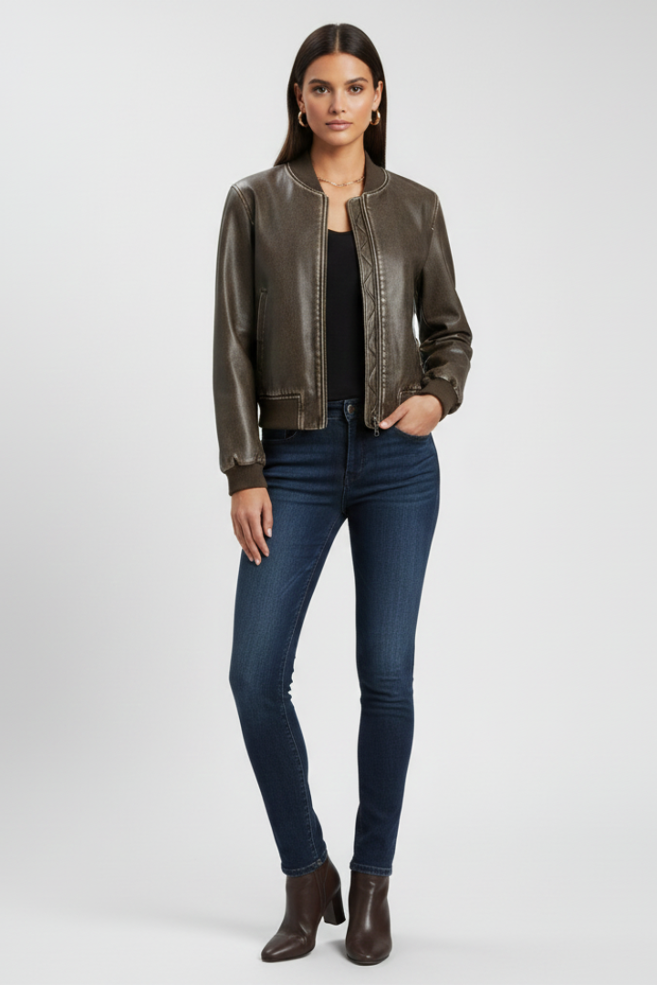 Women's bomber jacket by THE WHITMORE FAMILY with a collared neck and woven outer surface, in a coffee color.