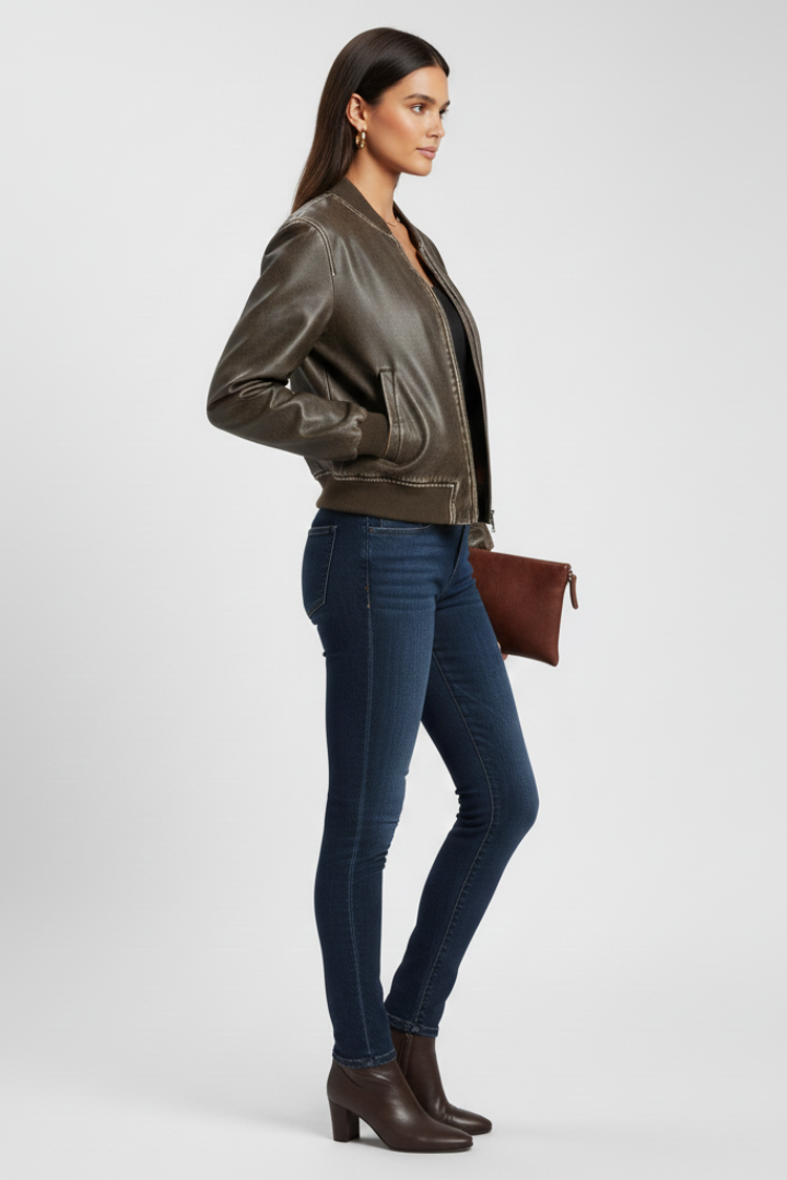 Women's bomber jacket with collared neck and woven outer surface by THE WHITMORE FAMILY, shown in a coffee color.