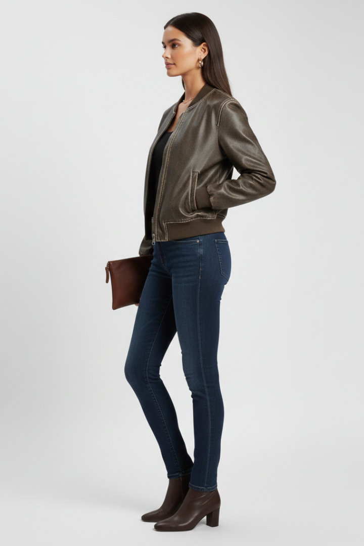 Women's bomber jacket by THE WHITMORE FAMILY with a collared neck and woven outer surface, in a stylish coffee color.