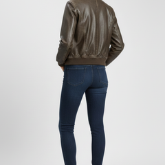 Women's bomber jacket with collared neck and woven outer surface by THE WHITMORE FAMILY, in a coffee color.