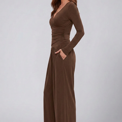 Women’s lounge set with wrap top and wide-leg pants, stylish and comfortable jumpsuit by THE WHITMORE FAMILY.