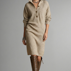 Women’s knit sweater dress by THE WHITMORE FAMILY with ribbed texture and button placket, shown on a model.