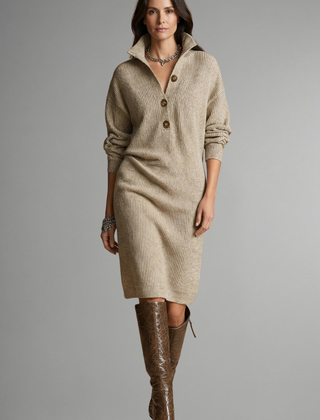Women’s knit sweater dress by THE WHITMORE FAMILY with ribbed texture and button placket, shown on a model.