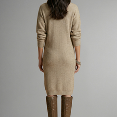 Women’s knit sweater dress with ribbed texture and button placket, stylish and cozy, from THE WHITMORE FAMILY.