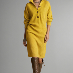 Women’s knit sweater dress with ribbed texture and button placket, stylish and cozy for casual wear.