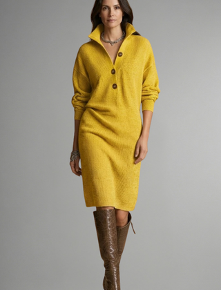Women’s knit sweater dress with ribbed texture and button placket, stylish and cozy for casual wear.