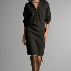 Women’s knit sweater dress with ribbed texture and button placket, styled for women by THE WHITMORE FAMILY.