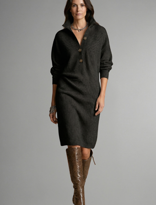 Women’s knit sweater dress with ribbed texture and button placket, styled for women by THE WHITMORE FAMILY.