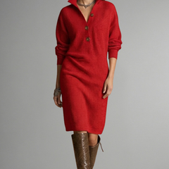 Women’s knit sweater dress by THE WHITMORE FAMILY featuring ribbed texture and a button placket, displayed on a hanger.