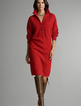 Women’s knit sweater dress by THE WHITMORE FAMILY featuring ribbed texture and a button placket, displayed on a hanger.