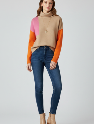 Women’s knit sweater by THE WHITMORE FAMILY featuring a high collar and ribbed cuffs, styled for a cozy, casual look.