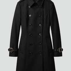 Black women’s long coat by THE WHITMORE FAMILY with double-breasted buttons and long sleeves, stylish winter outerwear.