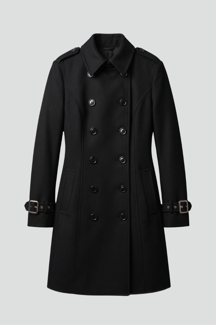 Black women’s long coat by THE WHITMORE FAMILY with double-breasted buttons and long sleeves, stylish winter outerwear.