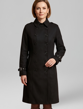 Women’s long black coat by THE WHITMORE FAMILY with double-breasted buttons and long sleeves, stylish and warm for winter wear.
