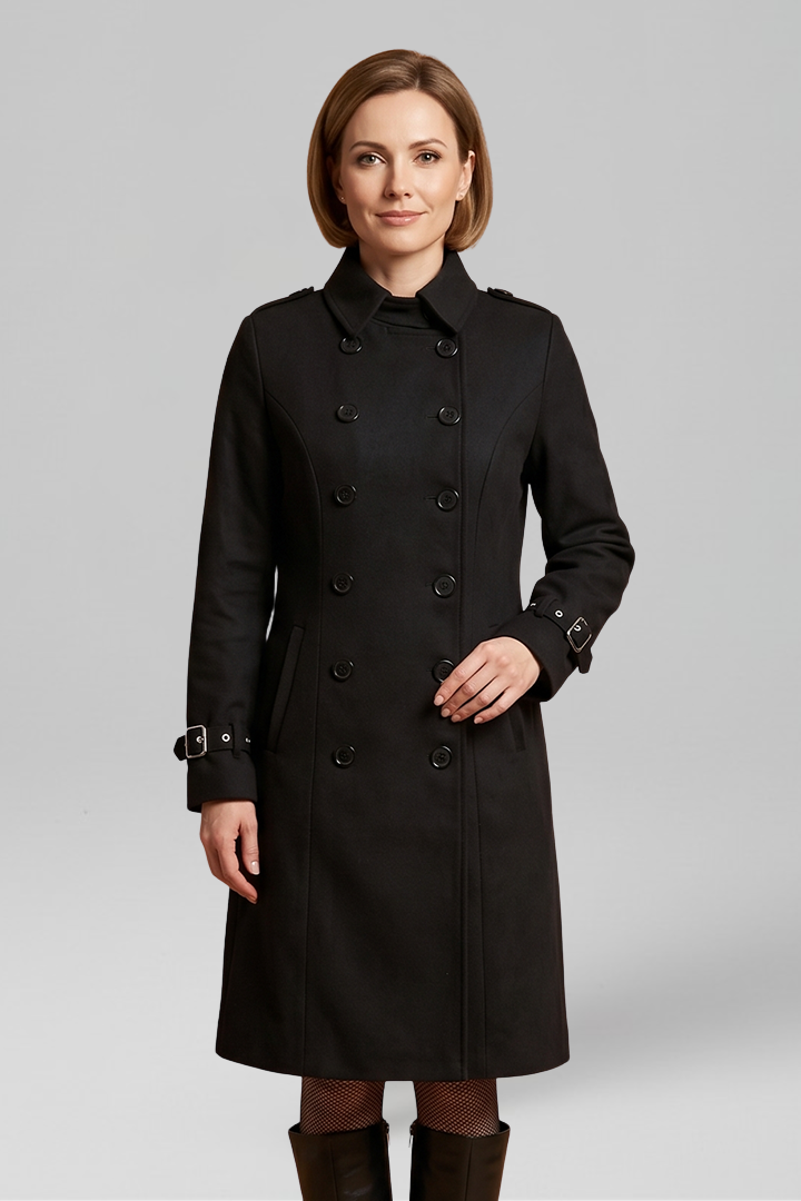 Women’s long black coat by THE WHITMORE FAMILY with double-breasted buttons and long sleeves, stylish and warm for winter wear.