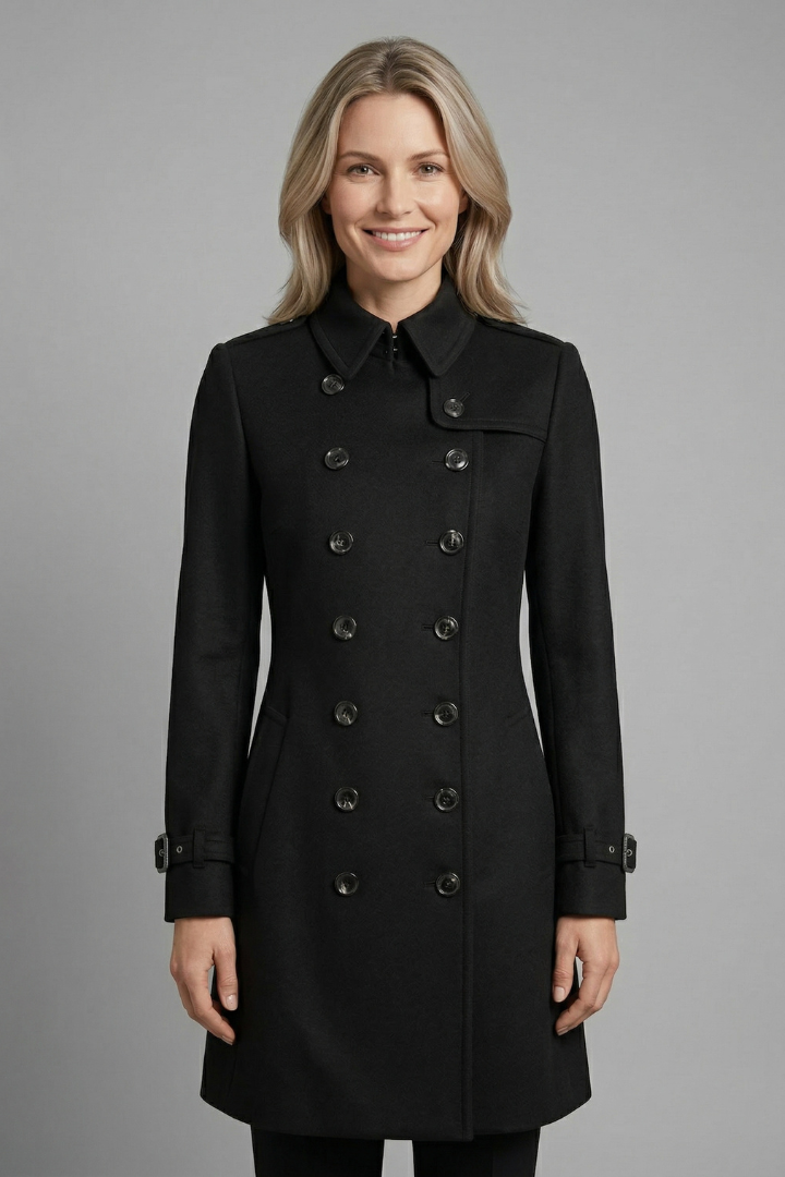 Women’s long black coat by THE WHITMORE FAMILY with double-breasted buttons and long sleeves, stylish and warm winter outerwear.