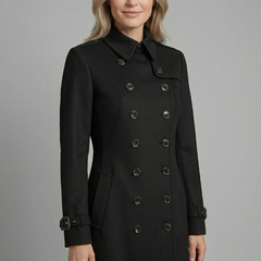 Black women’s long coat with double-breasted buttons and long sleeves, stylish and warm from THE WHITMORE FAMILY.