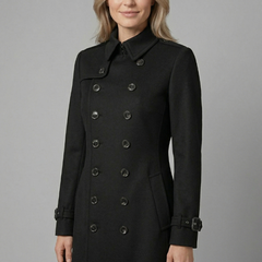 Women’s long black coat with double-breasted buttons and long sleeves by THE WHITMORE FAMILY