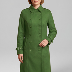 Women's long black coat by THE WHITMORE FAMILY with double-breasted buttons and long sleeves, stylish and warm outerwear.