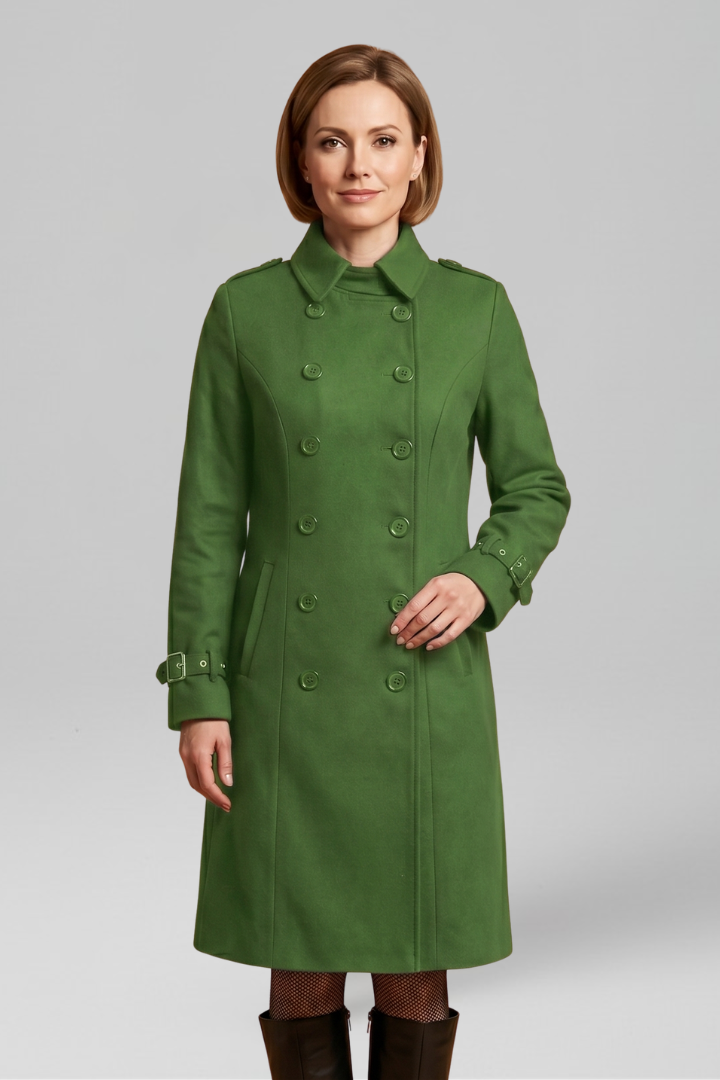 Women's long black coat by THE WHITMORE FAMILY with double-breasted buttons and long sleeves, stylish and warm outerwear.
