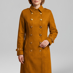 Black women’s long coat with double-breasted buttons and long sleeves by THE WHITMORE FAMILY